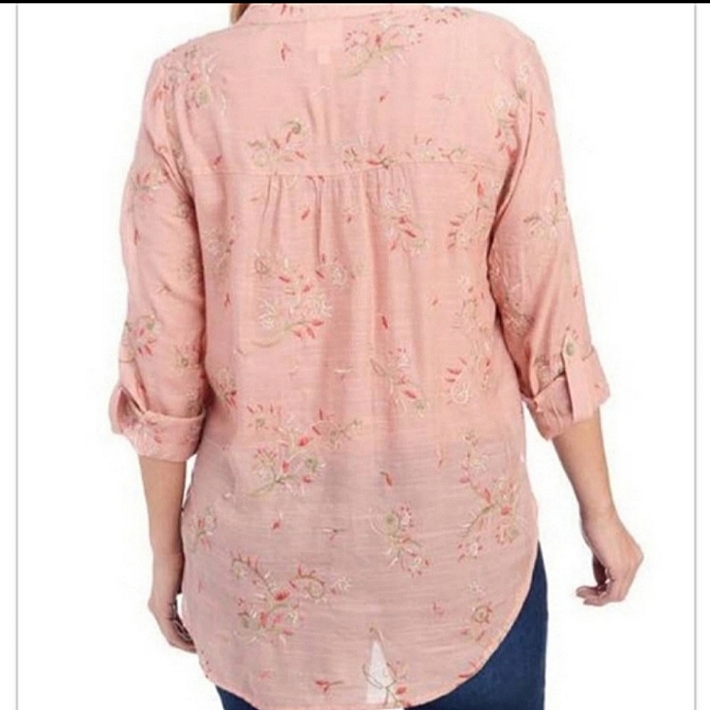 Anthropologie Fig and Flower Embroidered Tunic Blouse Roll Tab Button Front Pink - Picture 3 of 14